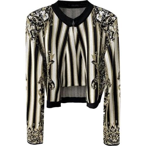 WIGADFHK Retro Slim Short Gold Thread Knit Designer Striped Jacquard Cardigan Sweater Jacket Women Winter High Quality Clothes