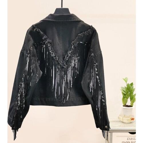 Fad Autumn Streetwear Denim Jacket Women Sequins Chain Tassel Veste Femme Black Loose Short Jeans Coats Outwear Chaquetas Mujer