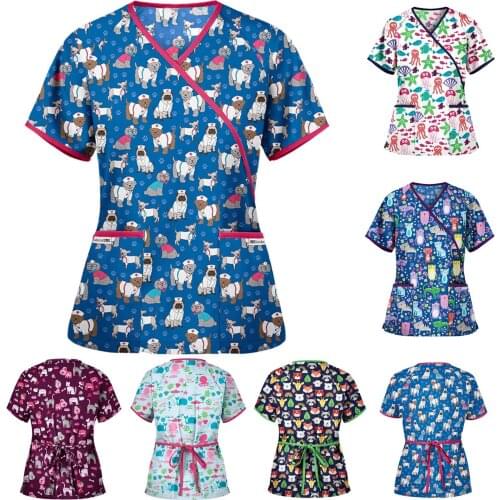 Women nurse uniform Clothing Short Sleeve V-neck Tops Working Uniform Cartoon Print Blouse Short Sleeve enfermeria Pullover