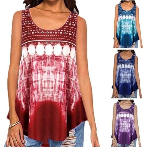 Womens Loose Gradient Color Printing Sleeveless Vest Casual T-Shirt Top
