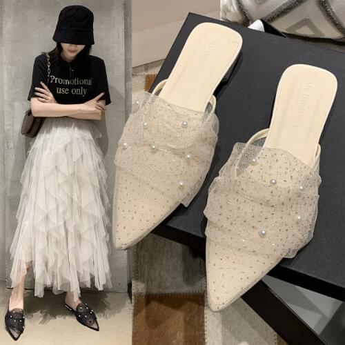 Baotou Half-tow Female 2021 Spring and Summer Fairy Style Net Red Lace Mule Shoes Mesh Pointed Pearl Outer Wear Sandals