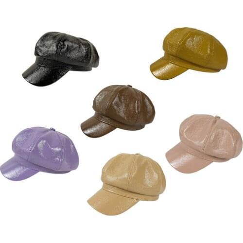 Women Vintage Faux Patent Leather Beret Cap Solid Color Painter Octagonal Hat 50JB
