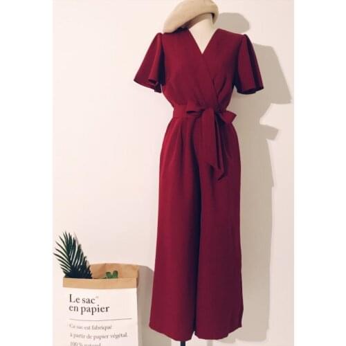 Womens spring summer vintage solid color Playsuits Ladys high waist Wide leg pants beach vacation Jumpsuits TB1072