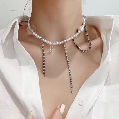 VSnow Sweet Transparent Acrylic Planet Chain Pendant Necklace for Women Long Tassel Crystal Pearl Beaded Party Necklace Jewelry