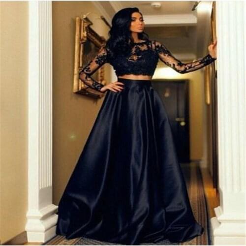Women Formal Prom Party Cocktail dress set Vogue Ladies 2pcs Lace Black See-through Long sleeve Crop Top Floor-length Long Skirt