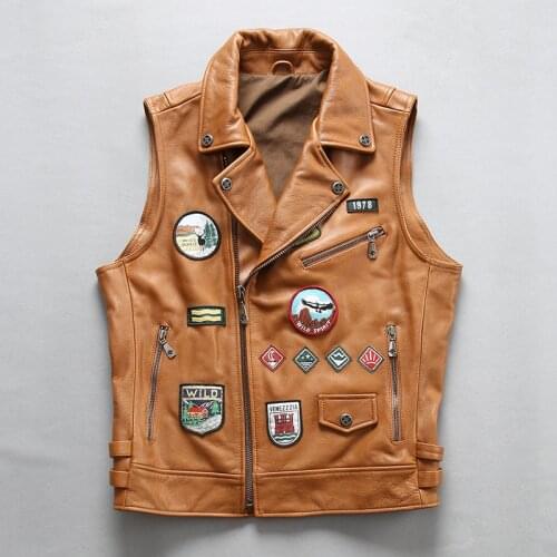 2020 Male Soft Cow Leather Vest Vintage Rock Multi Labeling Motorcycle Genuine Leather Vests Sleeveless Jacket Large Size 4XL