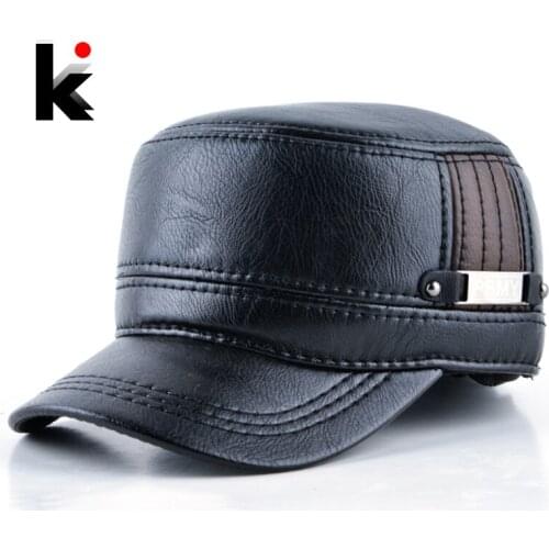 2018 Winter mens leather cap warm hat baseball cap with ear flaps russia flat top caps for men casquette