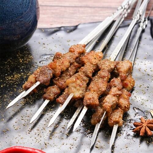 10pcs 38cm Stainless Steel Skewers Flat Meat BBQ Skewers Outdoor BBQ Barbecue Skewer Roasting Fork