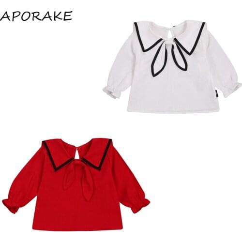 2020 2-7Y Toddler Baby Girl Korean Style Blouse Turn-down Bow Collar Flare Long Sleeve Red/White Top Autumn Shirt