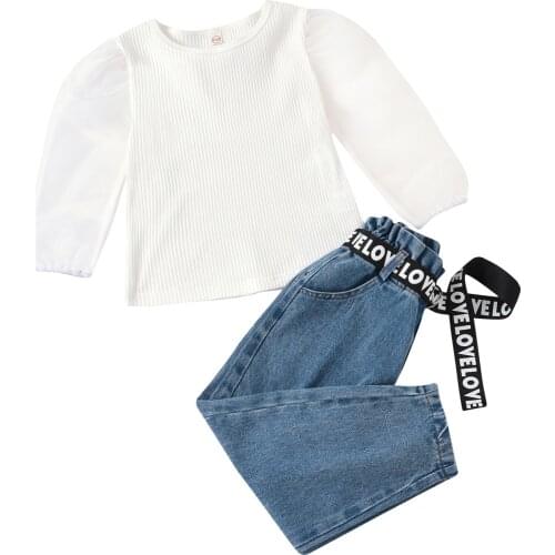2021 1-6Y Fashion Kids Baby Girl Clothing Solid Color Mesh Yarn T-shirt Puff Long Sleeve Top+Ripped Denim Pants With Letter Belt
