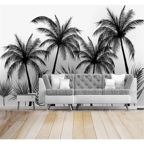 Custom 3D wallpaper mural black and white sketch style tropical rainforest coconut tree background wall mural