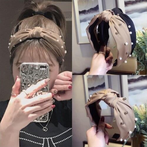 High-end hair accessories womens satin fabric beaded middle knotted wide-brimmed headband headband fashion hair band headwear