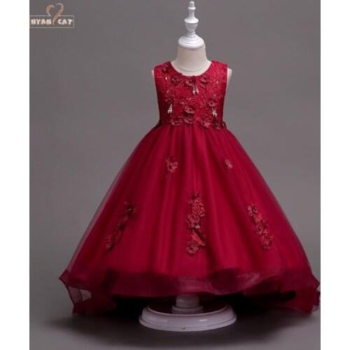 Kids dress Girls wedding wear wine red handmade beads wedding dress lace embroidered princess flower Valentines Day Dress