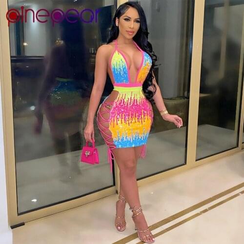 PinePear Sexy Sequins Birthday Dress Women Party Night Glitter Bodycon Mini Dresses Side Lace Up Hollow Out Backless Club Dress