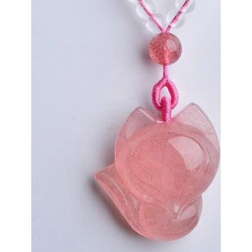 Strawberry Natural Crystal Pendants Hand Carved Big Head Fox Pendant Sweater Chain Necklace Lucky for Women Girl Gift Jewelry