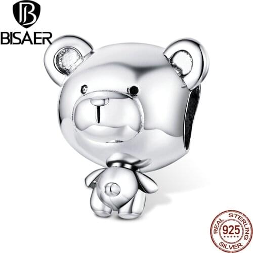 BISAER Cute Bear Charms 925 Sterling Silver Lovely Bear Pendant Enamel Beads Fit DIY Bracelet Necklace For Women Jewelry ECC1502