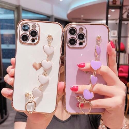 Luxury Plating Silicone Bracelet Phone Case For iPhone 11 12 Pro XR XS Max Mini 7 8 Plus SE2 Candy Color Heart Wrist Chain Cover