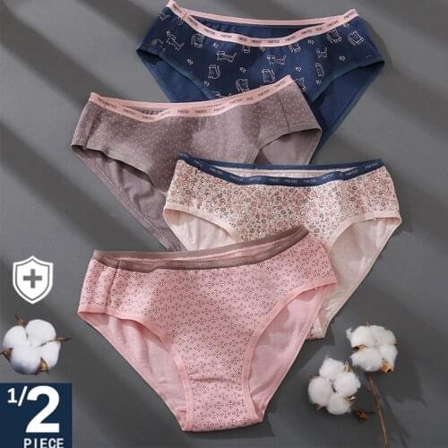 FINETOO 1/2PCS Womens Cotton Panties Sexy Lingerie Fashion Letter Waist Female Cute Pantys M-XXL Ladies Floral Printed Briefs