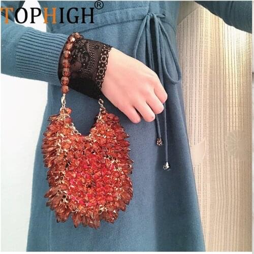 TOPHIGH Transparent Crystal Handbag Hanging Ring Handmade Woven Bag Fashion Shoulder Bag For Women 2021 Beaded Bucket Female Bag