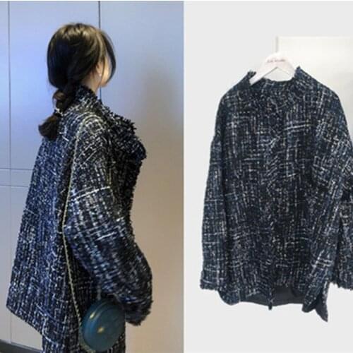 Women casual blue twill tweed jacket coat 2020 New Autumn/winter hand-tassel loose coat streetwear lapel thick jacket female