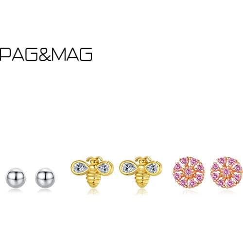 PAG&MAG Cute Bee Zircon Beads Stud Earrings For Women 925 Sterling Silver Earrings Set Fashion Jewelry Birthday Gifts