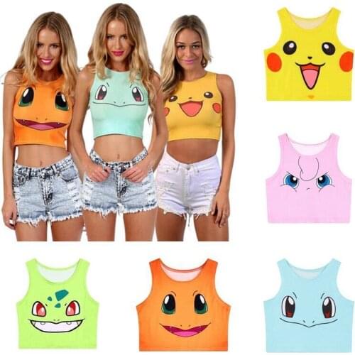 Anime Pokemon Pikachu Stretch Vest Womens Cute Cartoon Printing Sexy Sleeveless Bare Navel Design Vest Female Tops For Summer