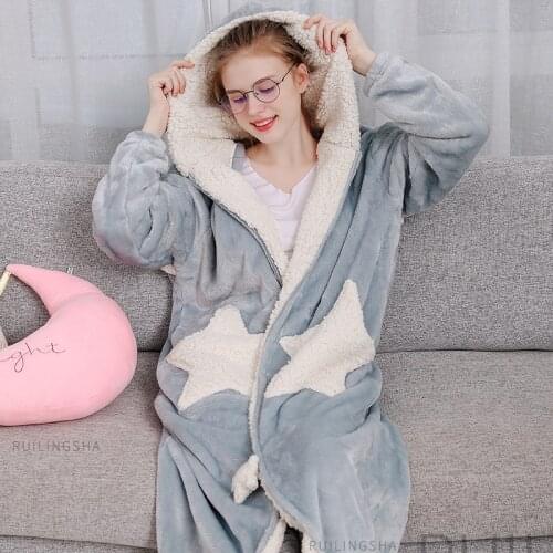 Women Winter Star Hooded Extra Long Flannel Bathrobe Plus Size Warm Coral Fleece Bath Robe Zipper Sleep Dressing Gown Men Robes