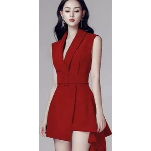 Women Double Breasted Ruffles Draped Irregular Blazer Dress Office Lady Notched Collar Sleeveless Sashes Above Knee Mini Dress