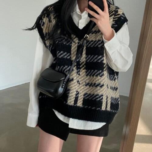 Vintage Chic Sweater Vests Women Fashion Loose Plaid V-Neck Sleeveless Causal All-Match Pullover Overwear Vest Autumn Winter