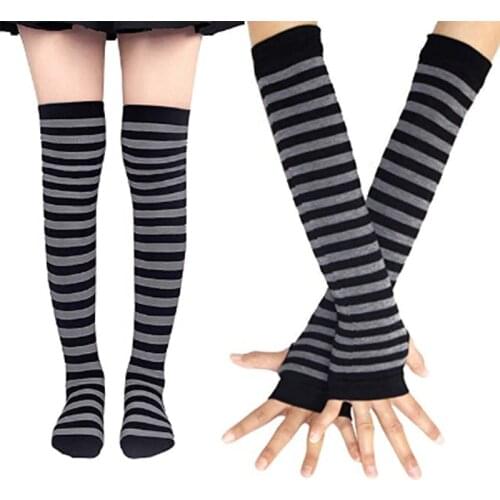2Pcs 12Colors Stripe Knee Long Socks Gloves Set Vintage Hiphop Soft Women Leg Skateboard Socking Party Dance Cosplay Decoration