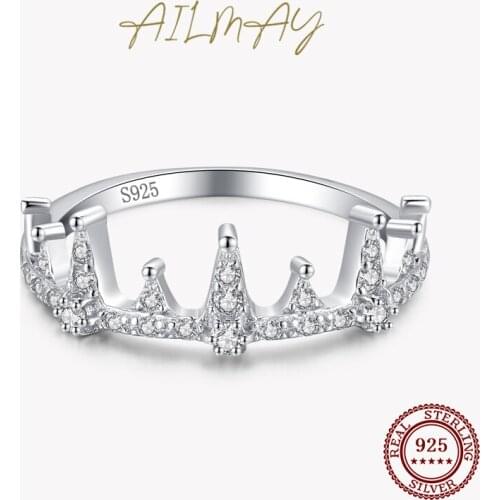Ailmay Genuine 925 Sterling Silver Fine Princess Crown Finger Ring For Women Dazzling Clear CZ Elegant Jewelry Girl Gift