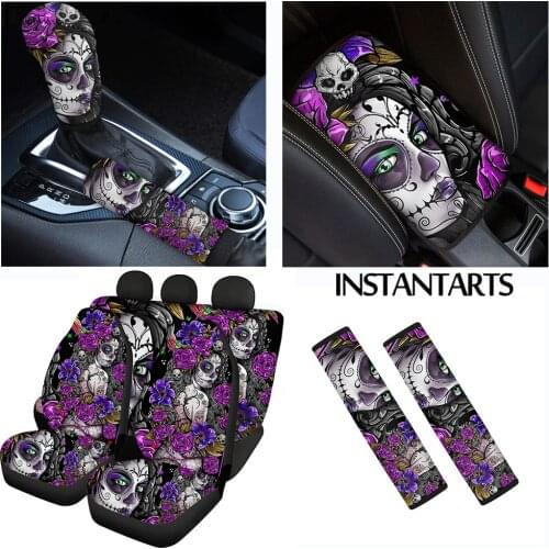 INSTANTARTS Day of the Dead Sugar Skull Design Comfortable Front/Back Car Seat Cover Durable Car Seat Belts Soft Car Protector