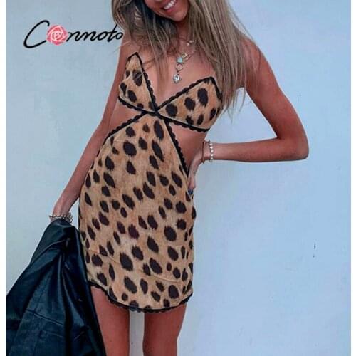 Conmoto Fashion streetwear lace women dress 2021 Sexy spaghetti strap hollow out leopard dress Summer v-neck ladies midi dress