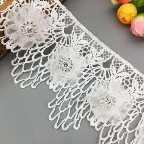 2 Yard Organza Flower Applique Guipure 90mm Wide Lace Ribbon Rhinestones Lace Trim Sewing Craft For Wedding Dress Decoration