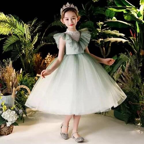 Flower Girl Dresses Illusion Beading Sequined High Sleeveless Princess Ankle-Length Tulle Lace Light Green Kids Party Gown H449