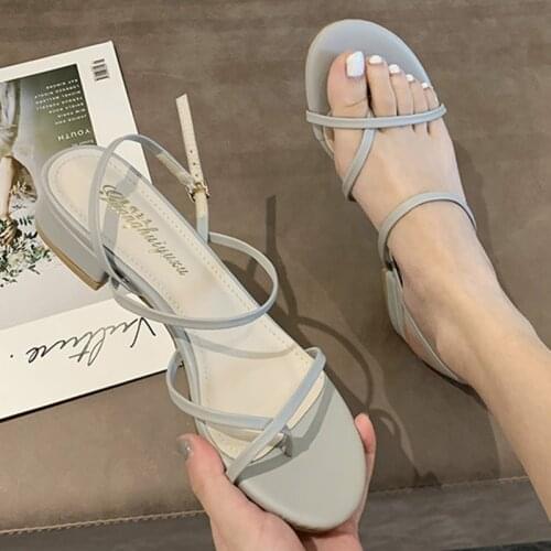 European Clip toe narrow band pu gladiator sandals women shoes woman buckle strap fairy solid thick low heel sandalias femme2020
