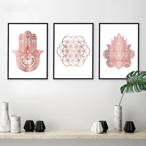 Yoga Art Print Rose Gold Wall Art Flower of Life Poster Hamsa Canvas Painting Wall Painting Home Decor Picture Room Decoration