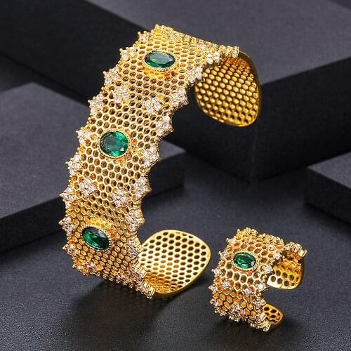 Jankelly luxury Unique African Bangle Ring Set Jewelry Sets For Women Wedding Cubic Zircon Crystal CZ Dubai Bridal Jewelry Set