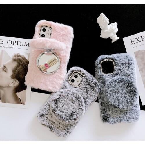 Hot Sale Cute Fluffy Fur Plush Mirror Phone Case for iPhone 12 Girls Lovely Bumper Kickstand Cover for iPhone 11/6/7/8/XS/XR/MAX