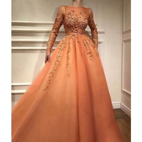 Orange Muslim Evening Dresses Plus Size Scoop Neckline Long Sleeves Evening Gown Lace Beaded Tulle A-Line Formal Party Dress