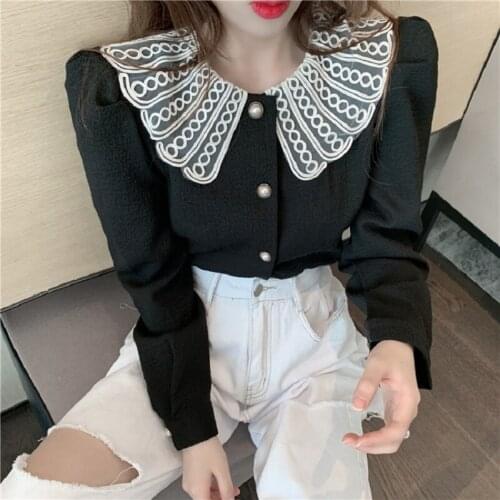 Autumn Women Elegant Black Blouse Long Sleeve Vintage Fashion Office Lady Lace Peter Pan Collar Shirt Chic Korean Spring Blusas
