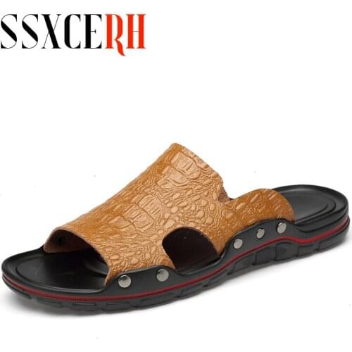SSXCERH Genuine Leather Slippers Men Summer Sandals Breathable Brand Designer Stylish Shoes Real Leather Seaside Beach Flats