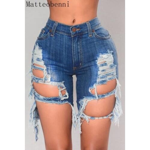 Sexy Ripped Hole Knee Length Denim Shorts Women Push Up Elastic High Waist Biker Short Jeans Women Summer 2020 Black Streetwear