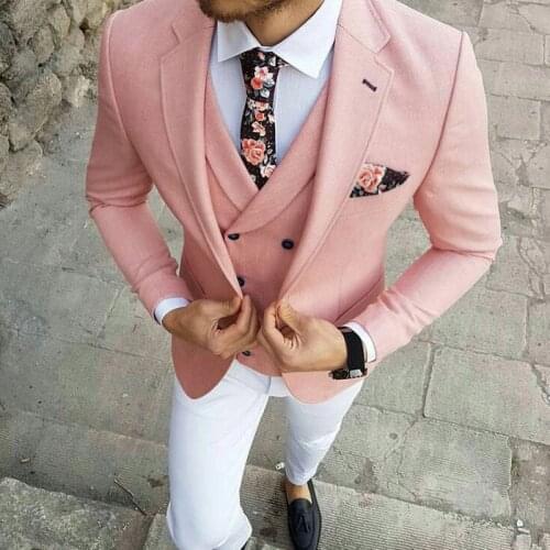 TPSAADE Men Pink Tuxedo Suits For Prom White Pants Wedding Suits Set 3 Pieces Single Breasted Blazer (Jacket+Pants+Vest)