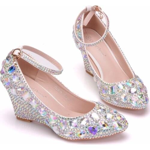 Crystal Queen Womens Wedding Shoes Woman High heels Pumps Bling Shining Platform Wedge shoes Ladies Party Dress Shoes high Shoes