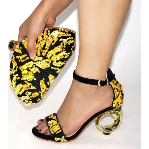 Doershow new Shoes and Bag Set African Sets 2020 gold Color Italian Shoe Bag Set Decorated with Rhinestone High Quality SMK1-11