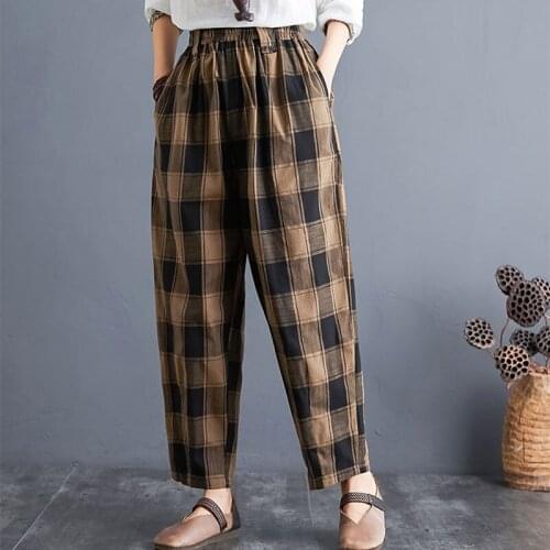 Spring Autumn New Arts Style Women Elastic Waist Vintage Loose Pants Cotton Linen Plaid Casual Harem Pants Plus Size S38