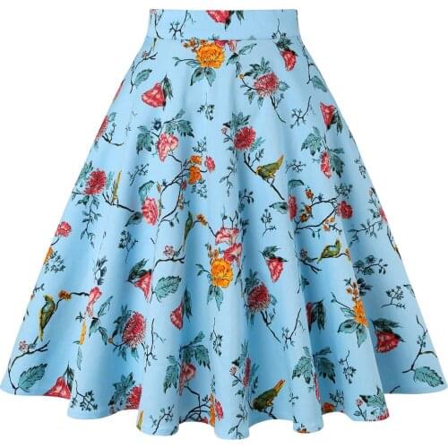 2021 Women High Waist Hepburn Vintage Skirts Zipper Cotton A-Line Skirts Vintage Swing Birds and Floral Print Womens Vestido