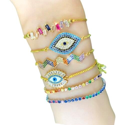 Women Bracelet Evil Eye Gold Silver Color Chain CZ Paved Rainbow Luxury Jewelry Trendy Bracelets Wave Geometric Rectangle 333