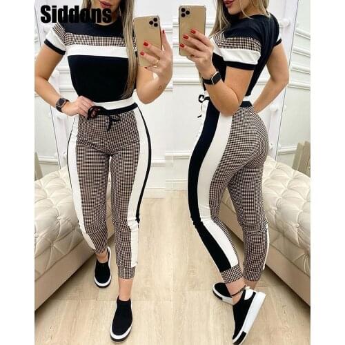 Women Two Piece Cute Sweet Suits Colorblock Plaid Striped Short Sleeve Tape Top & Drawstring Pants Set